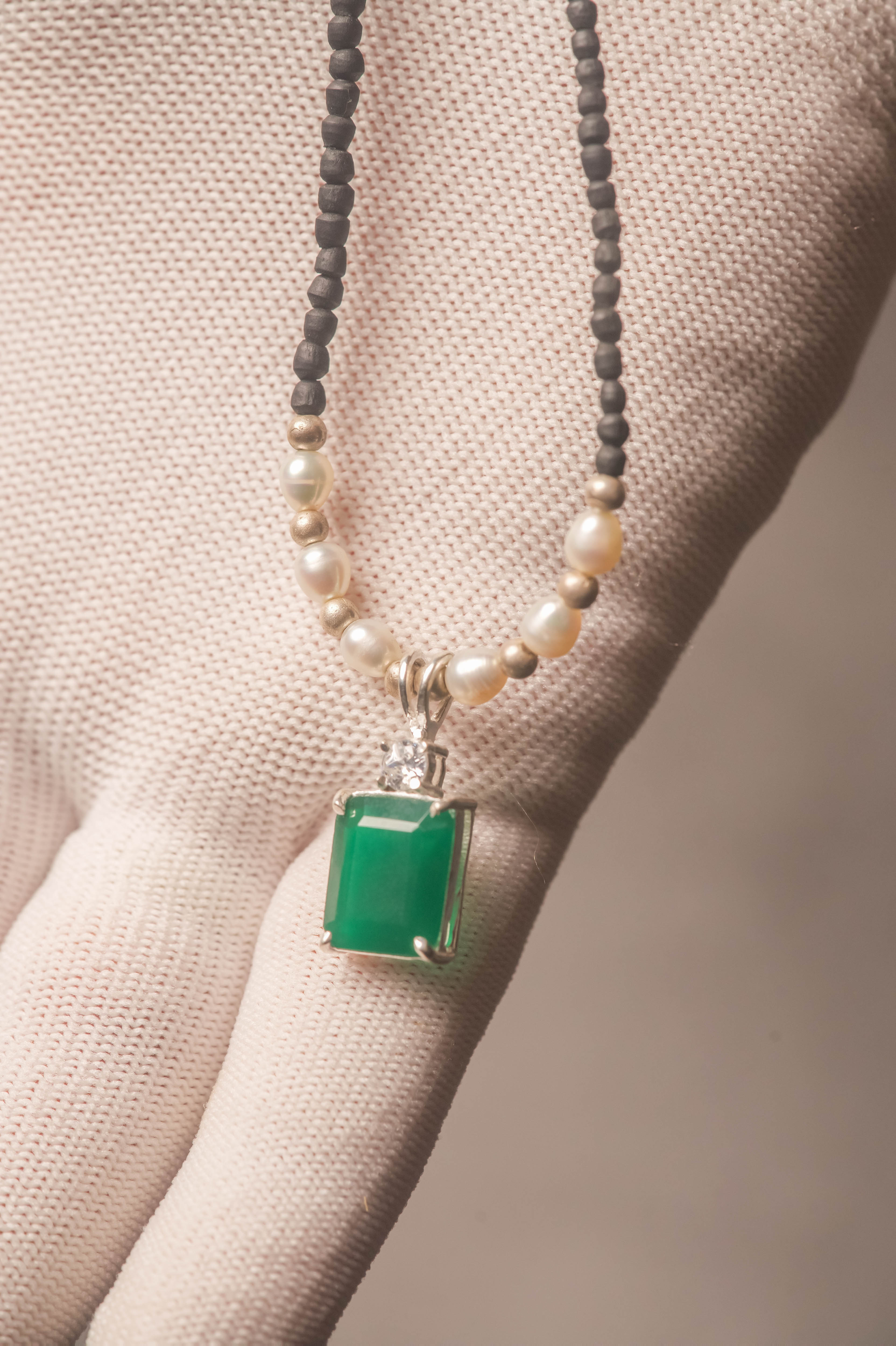 Tulasi Kanthimala Necklace with Emerald Pendant, Pearl Beads, Spiritual