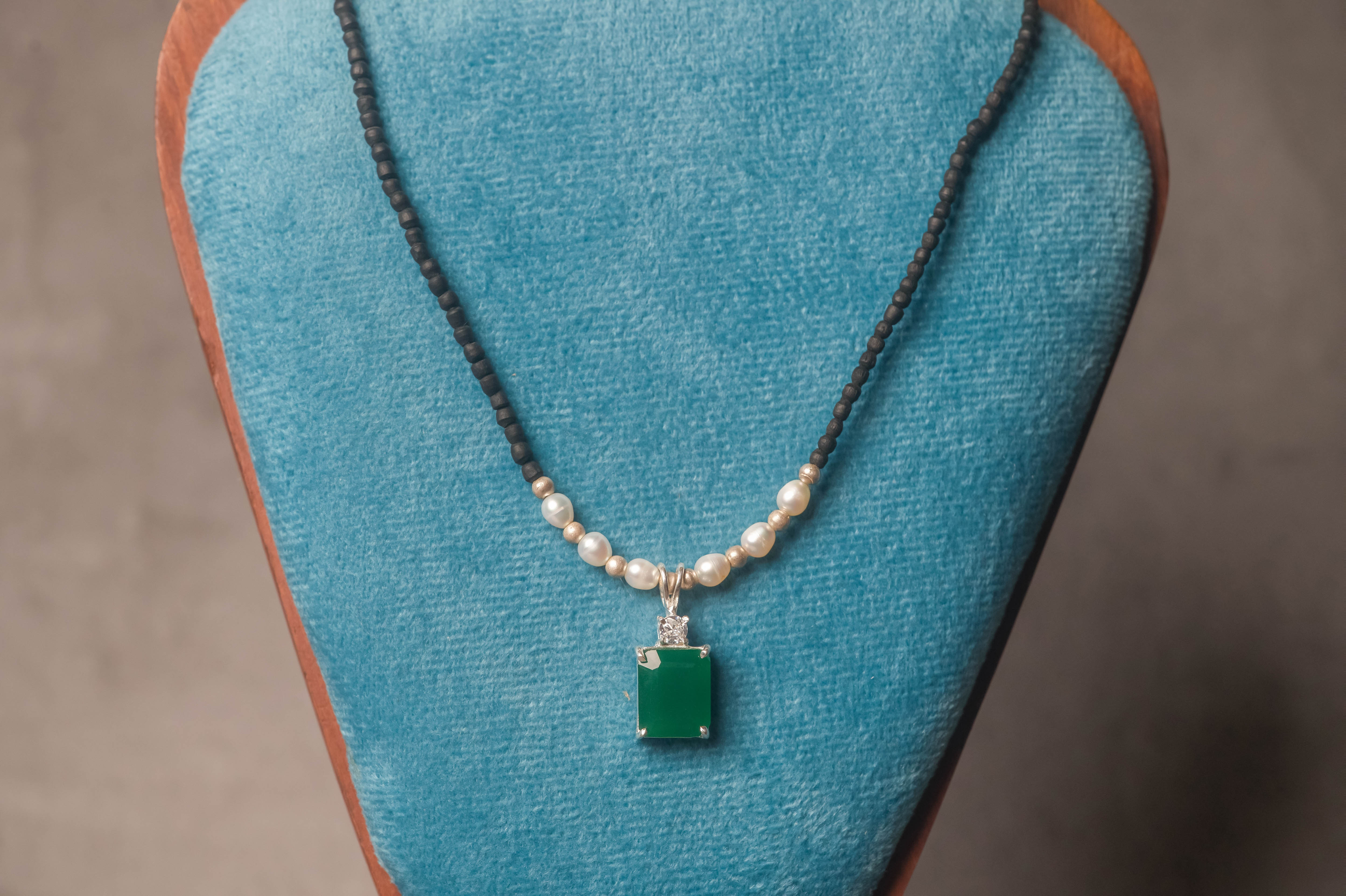 Tulasi Kanthimala Necklace with Emerald Pendant, Pearl Beads, Spiritual