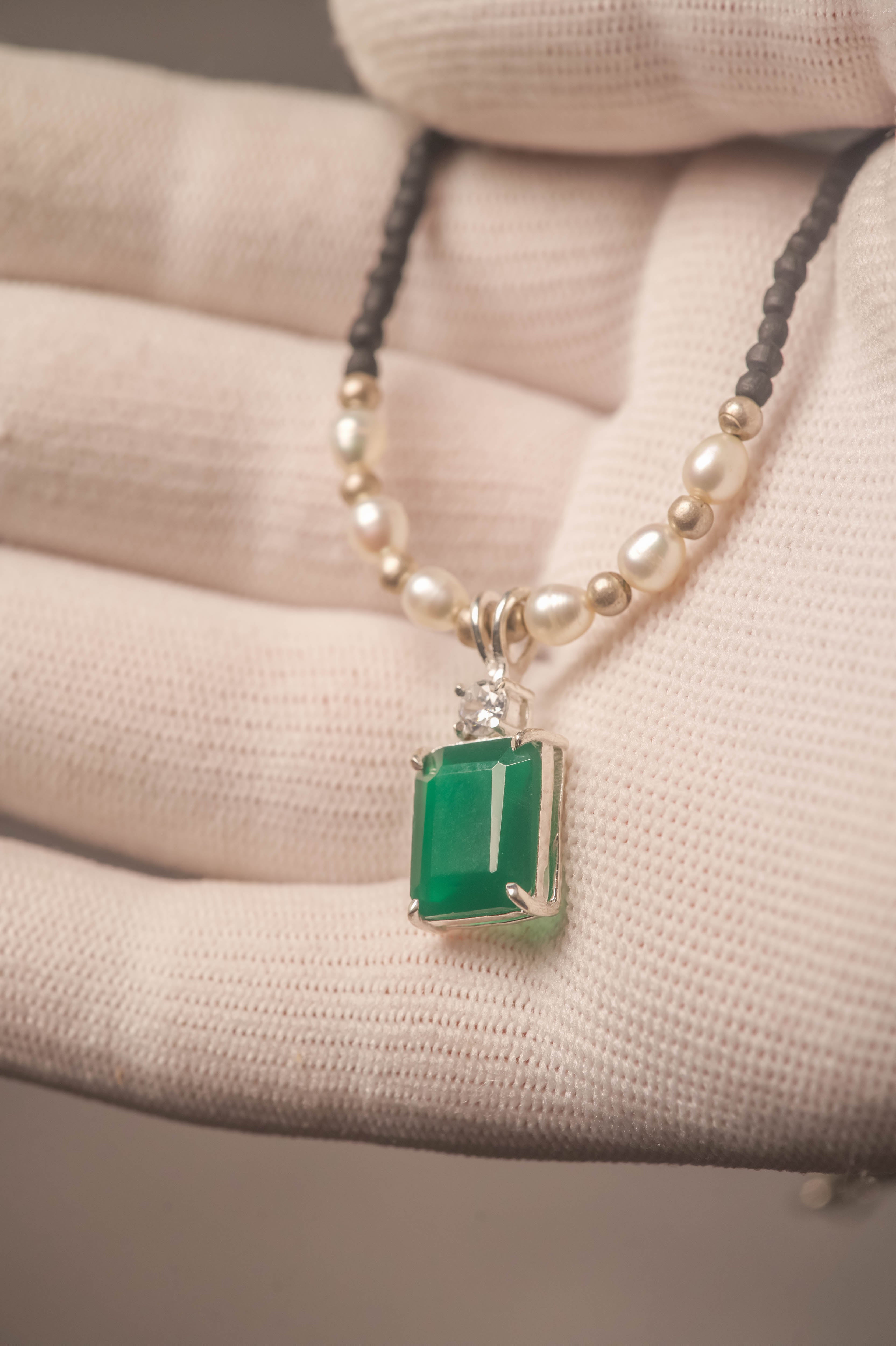 Tulasi Kanthimala Necklace with Emerald Pendant, Pearl Beads, Spiritual