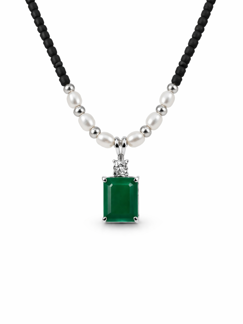 Tulasi Kanthimala Necklace with Emerald Pendant, Pearl Beads, Spiritual