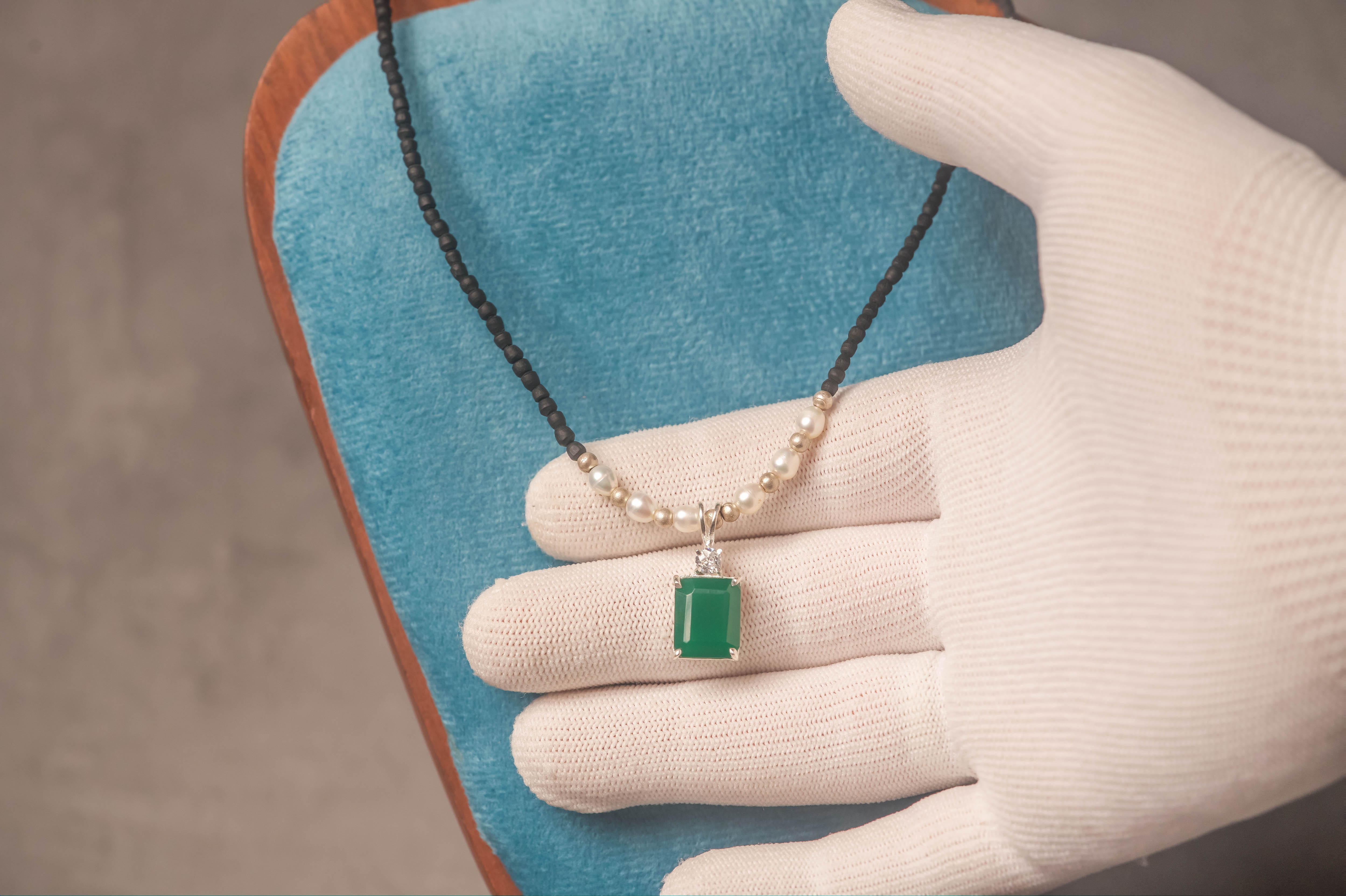 Tulasi Kanthimala Necklace with Emerald Pendant, Pearl Beads, Spiritual
