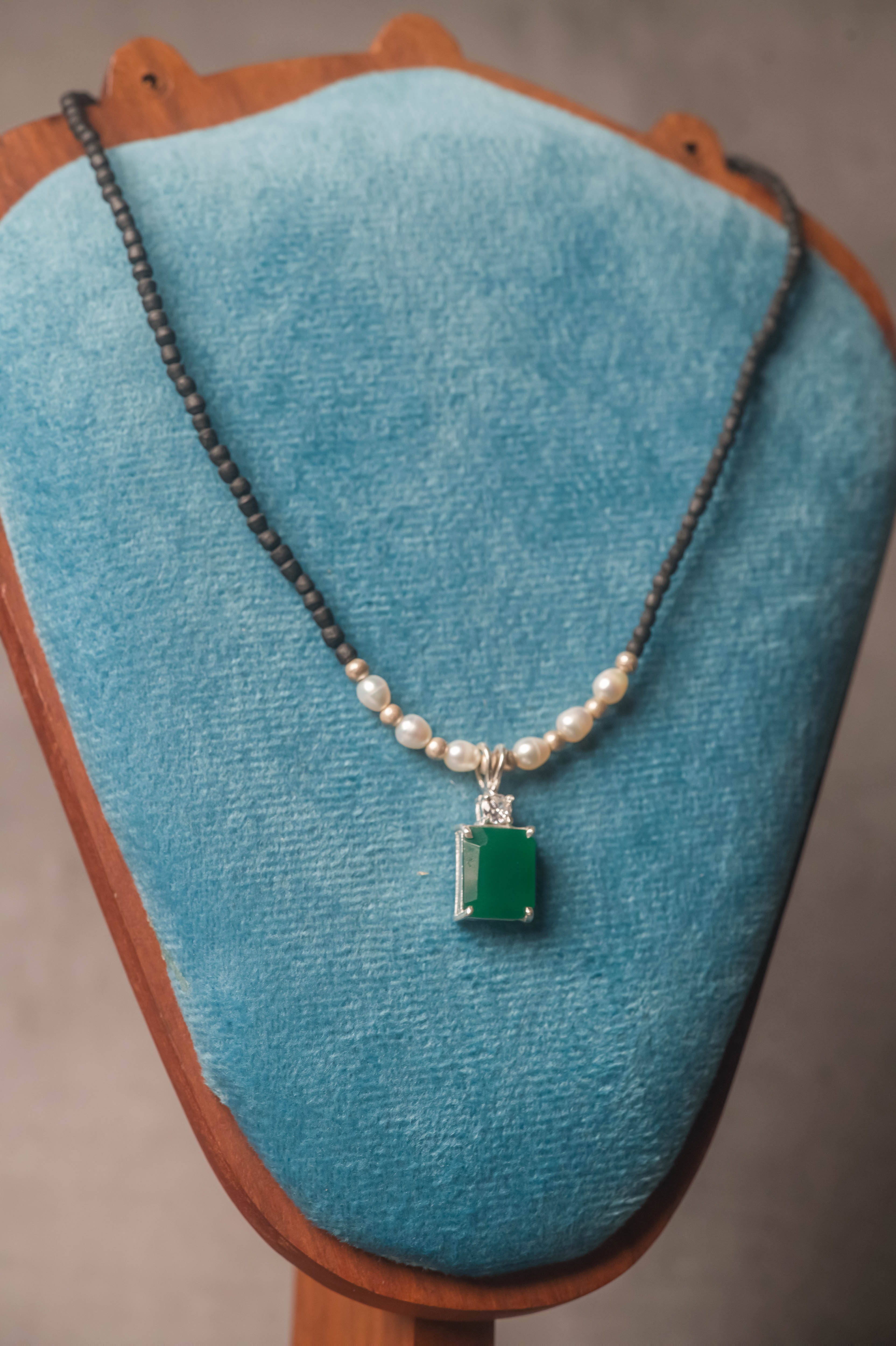 Tulasi Kanthimala Necklace with Emerald Pendant, Pearl Beads, Spiritual