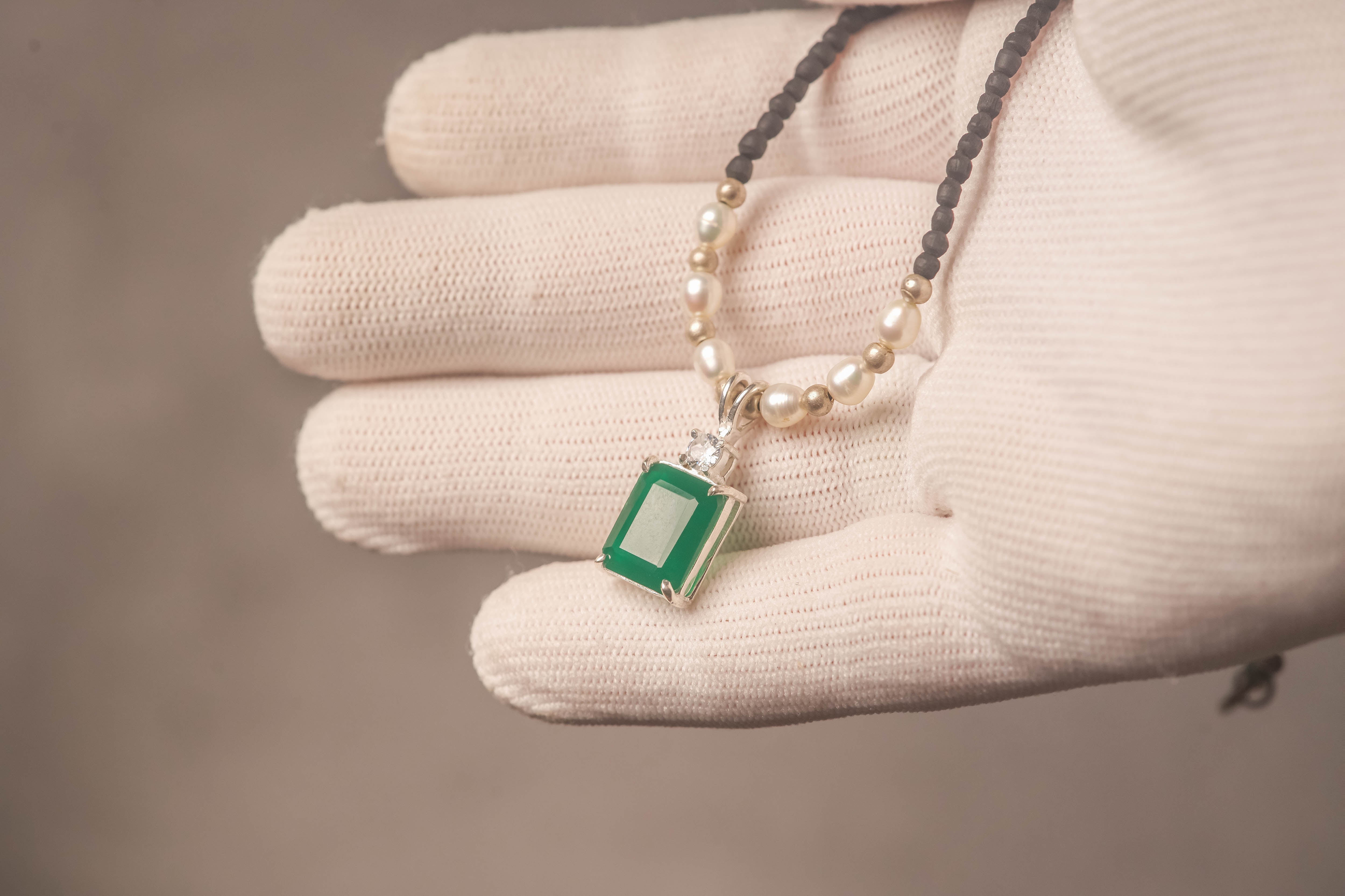 Tulasi Kanthimala Necklace with Emerald Pendant, Pearl Beads, Spiritual