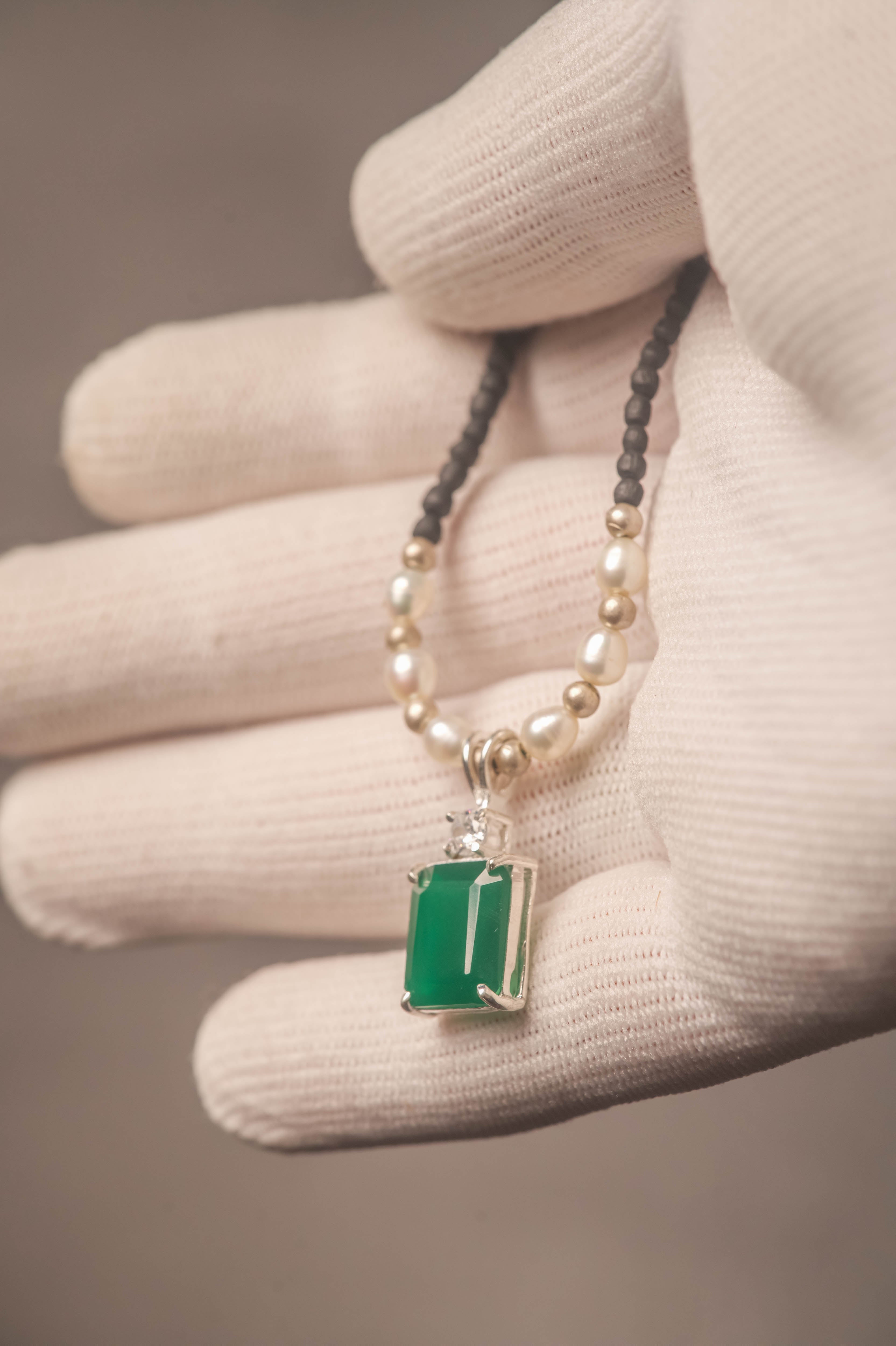 Tulasi Kanthimala Necklace with Emerald Pendant, Pearl Beads, Spiritual