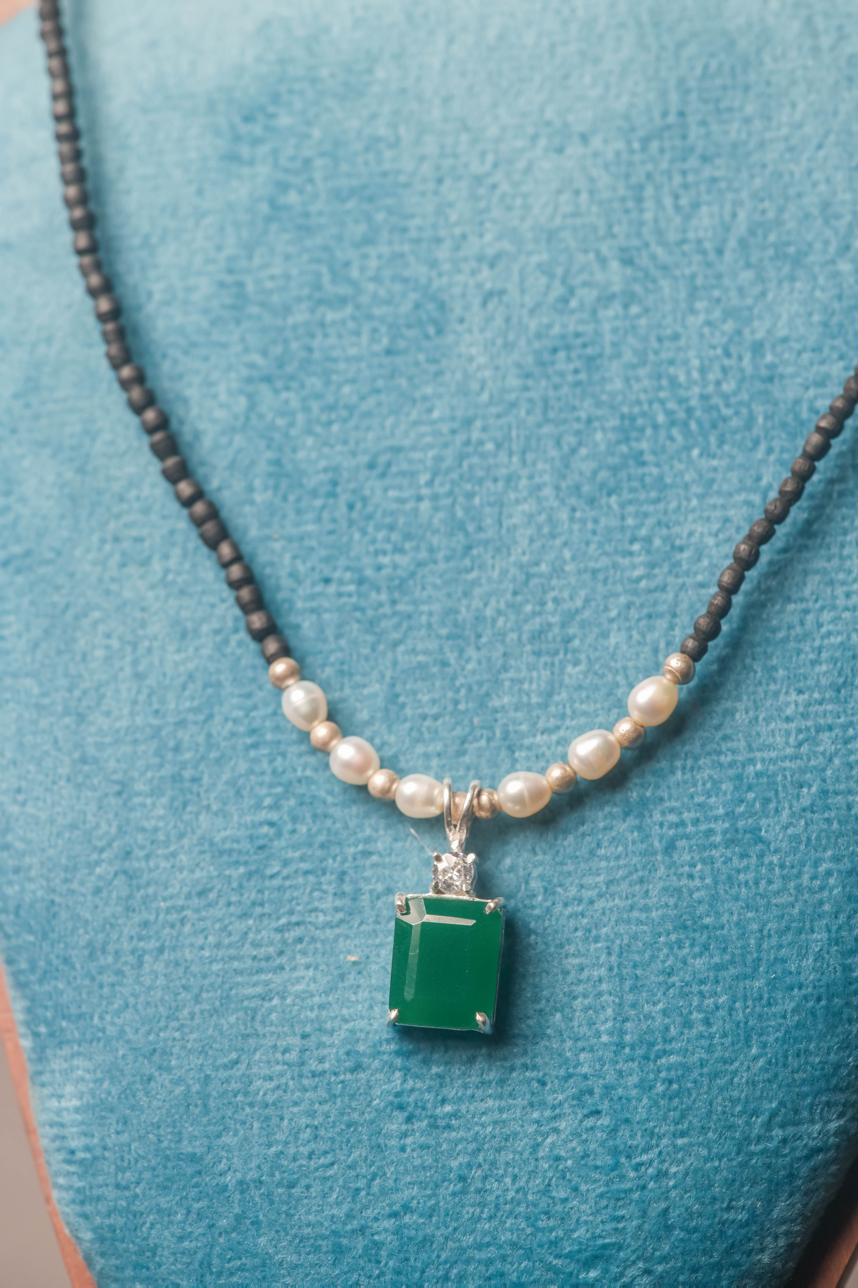 Tulasi Kanthimala Necklace with Emerald Pendant, Pearl Beads, Spiritual