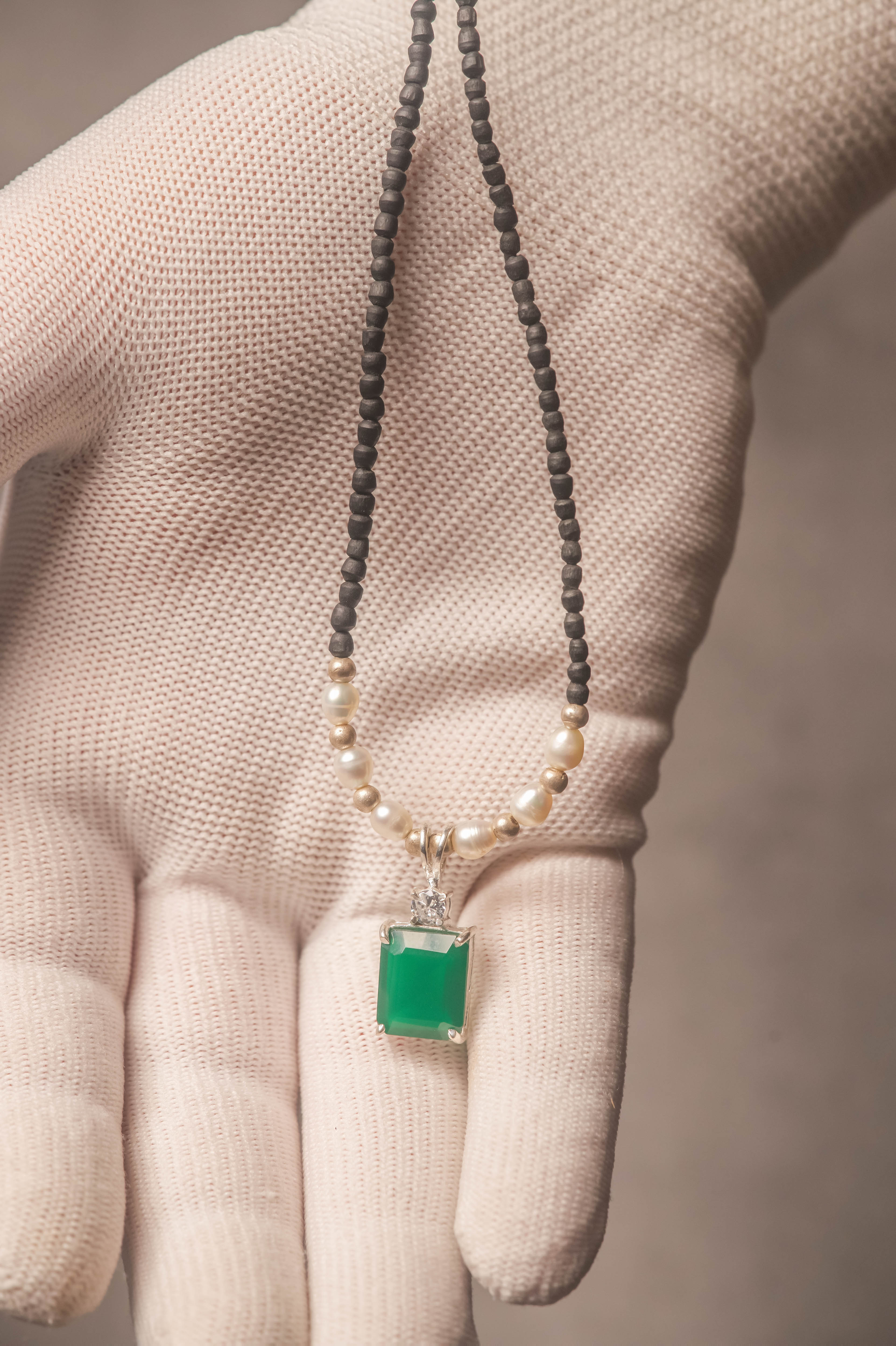 Tulasi Kanthimala Necklace with Emerald Pendant, Pearl Beads, Spiritual