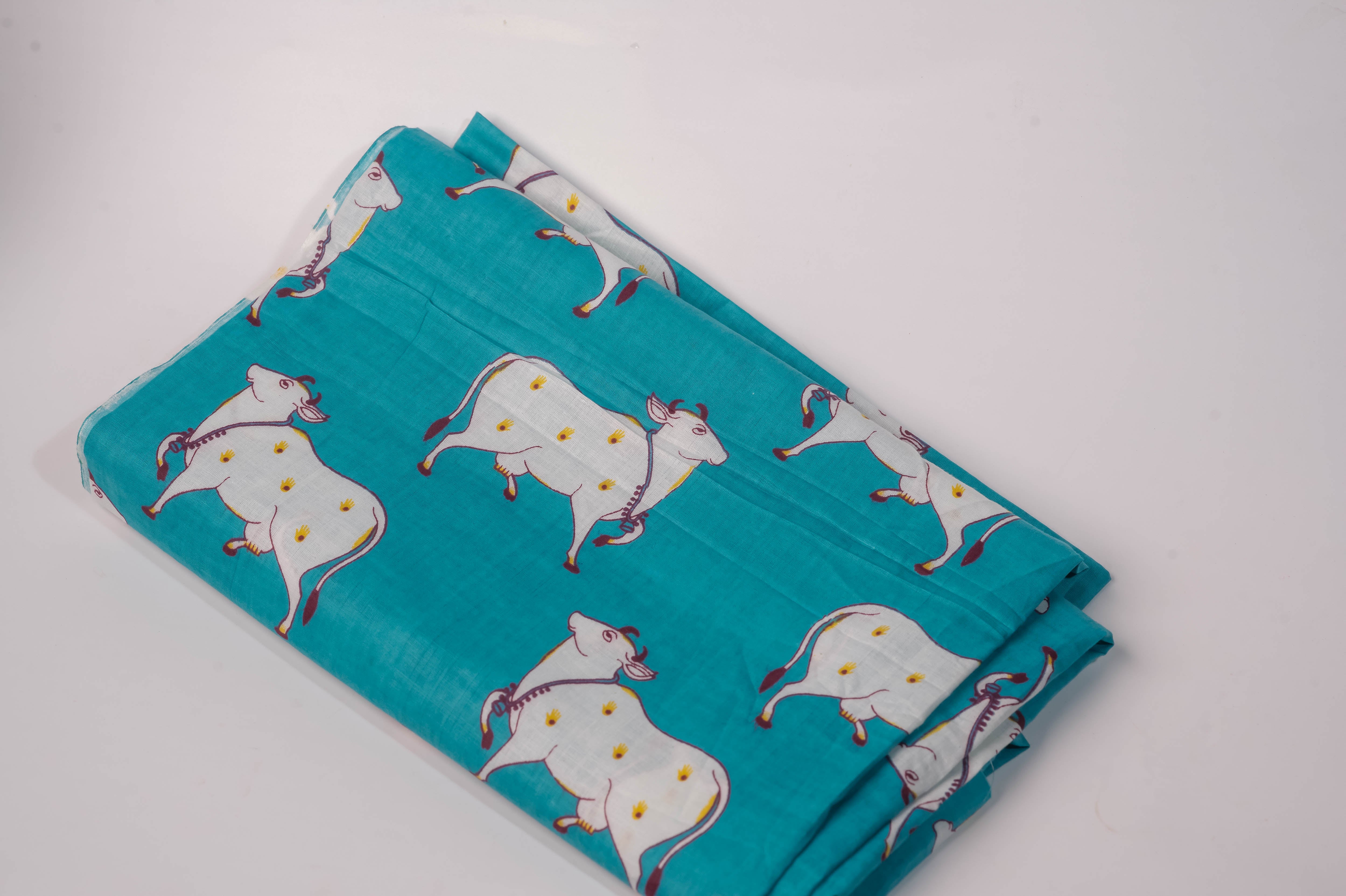 Teal Cow Print Cotton Chadar 90x40, Devotional Shawl, Hare Krishna Wrap