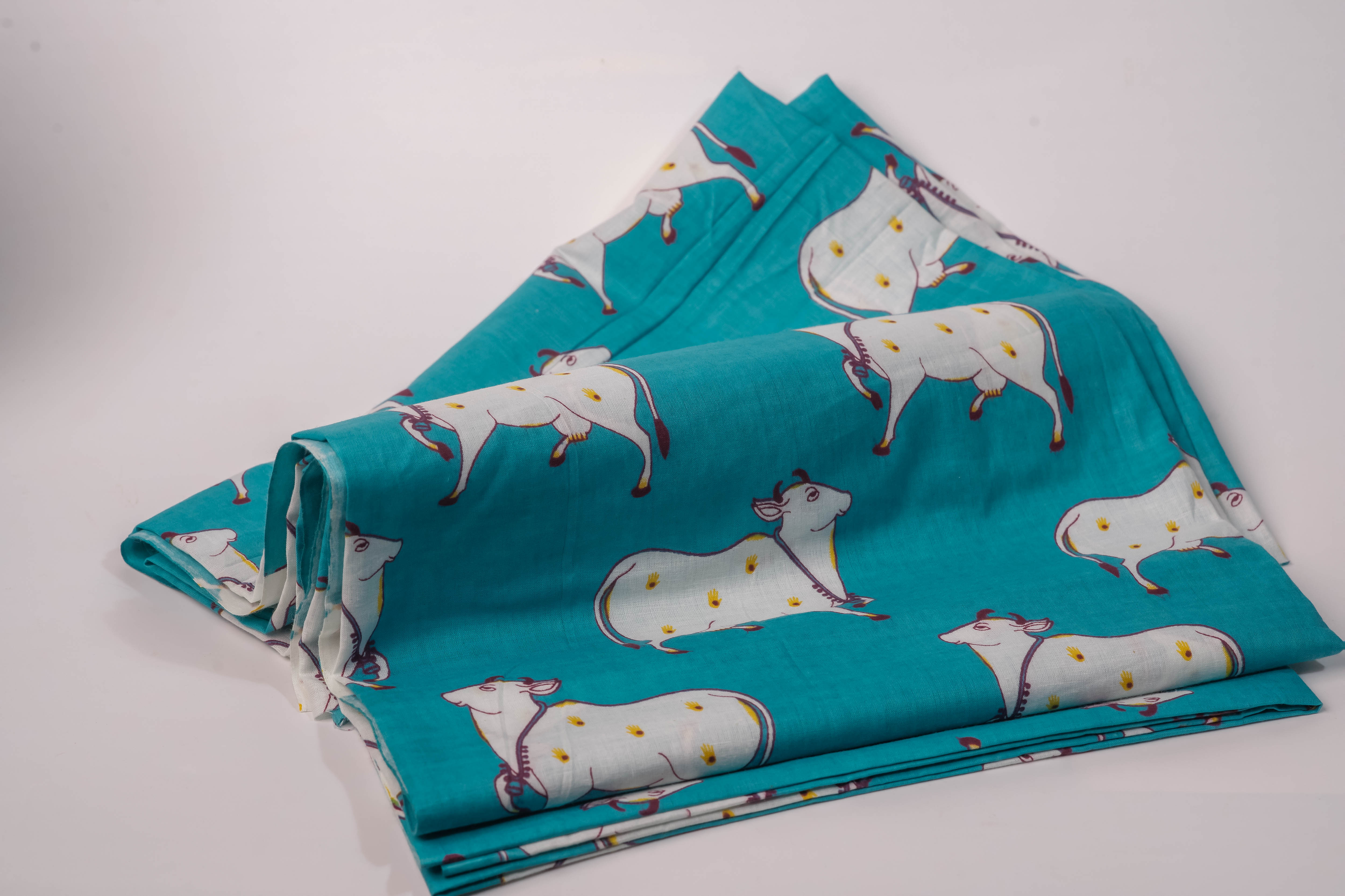 Teal Cow Print Cotton Chadar 90x40, Devotional Shawl, Hare Krishna Wrap