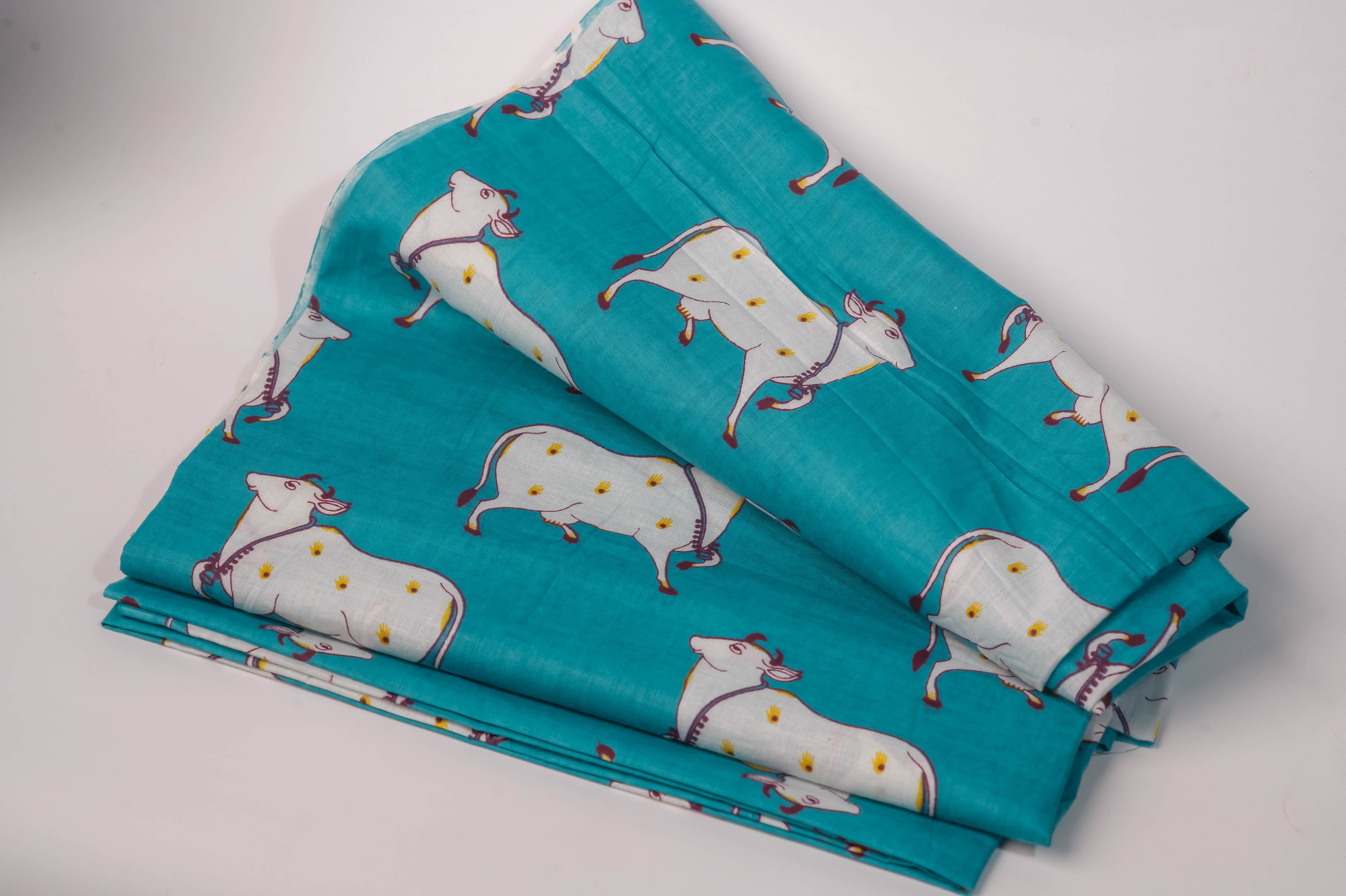 Teal Cow Print Cotton Chadar 90x40, Devotional Shawl, Hare Krishna Wrap