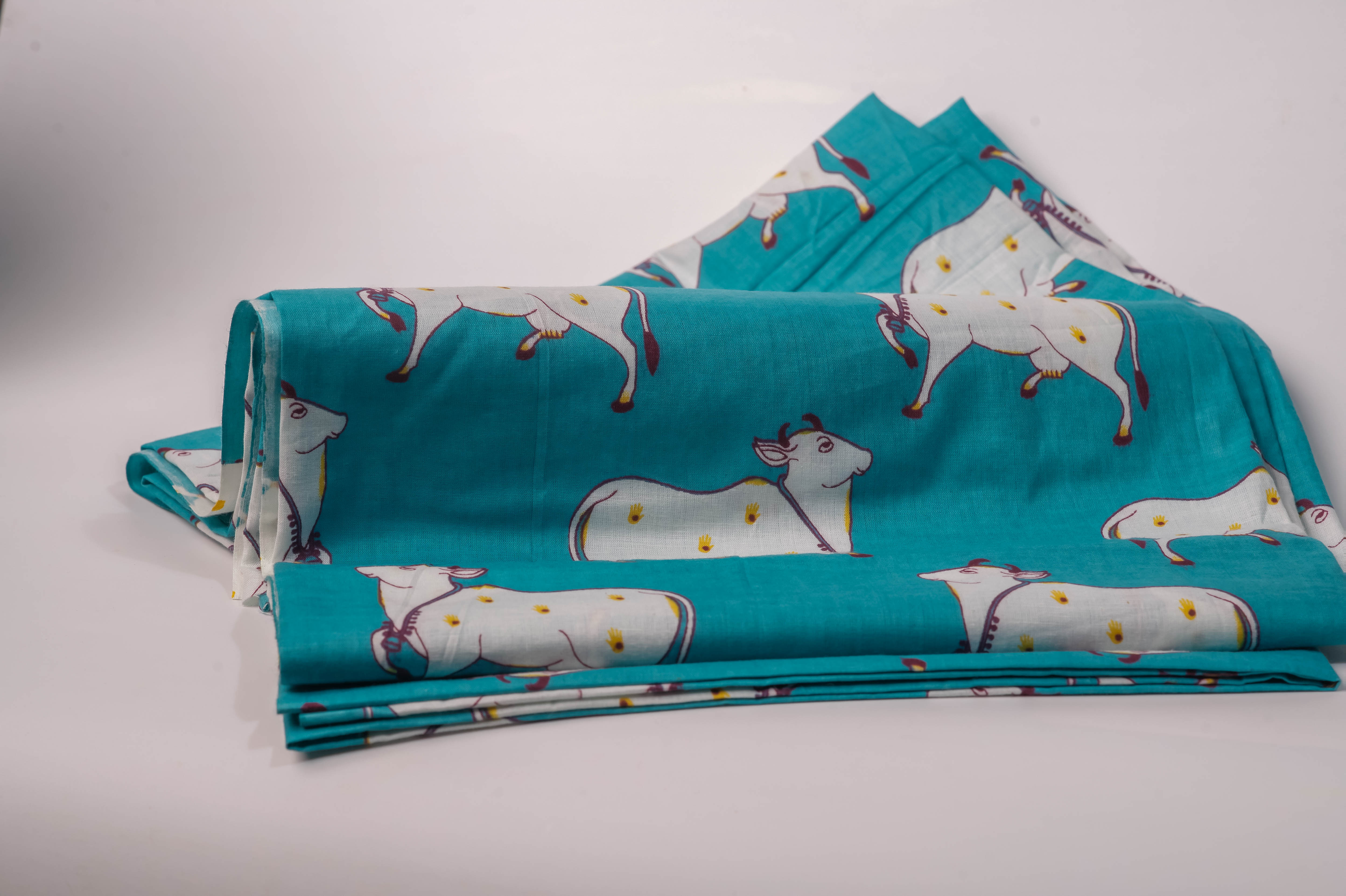 Teal Cow Print Cotton Chadar 90x40, Devotional Shawl, Hare Krishna Wrap