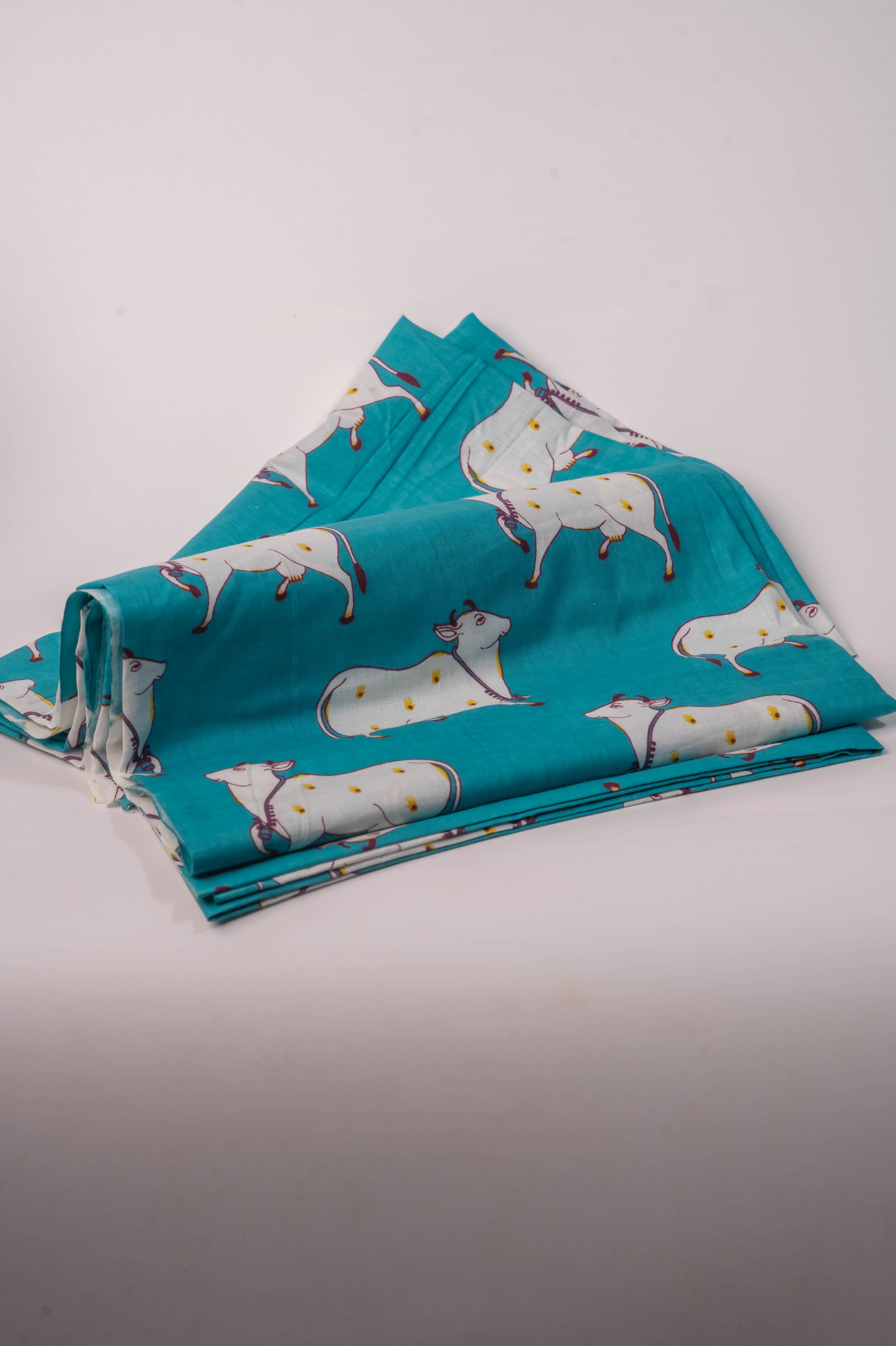 Teal Cow Print Cotton Chadar 90x40, Devotional Shawl, Hare Krishna Wrap