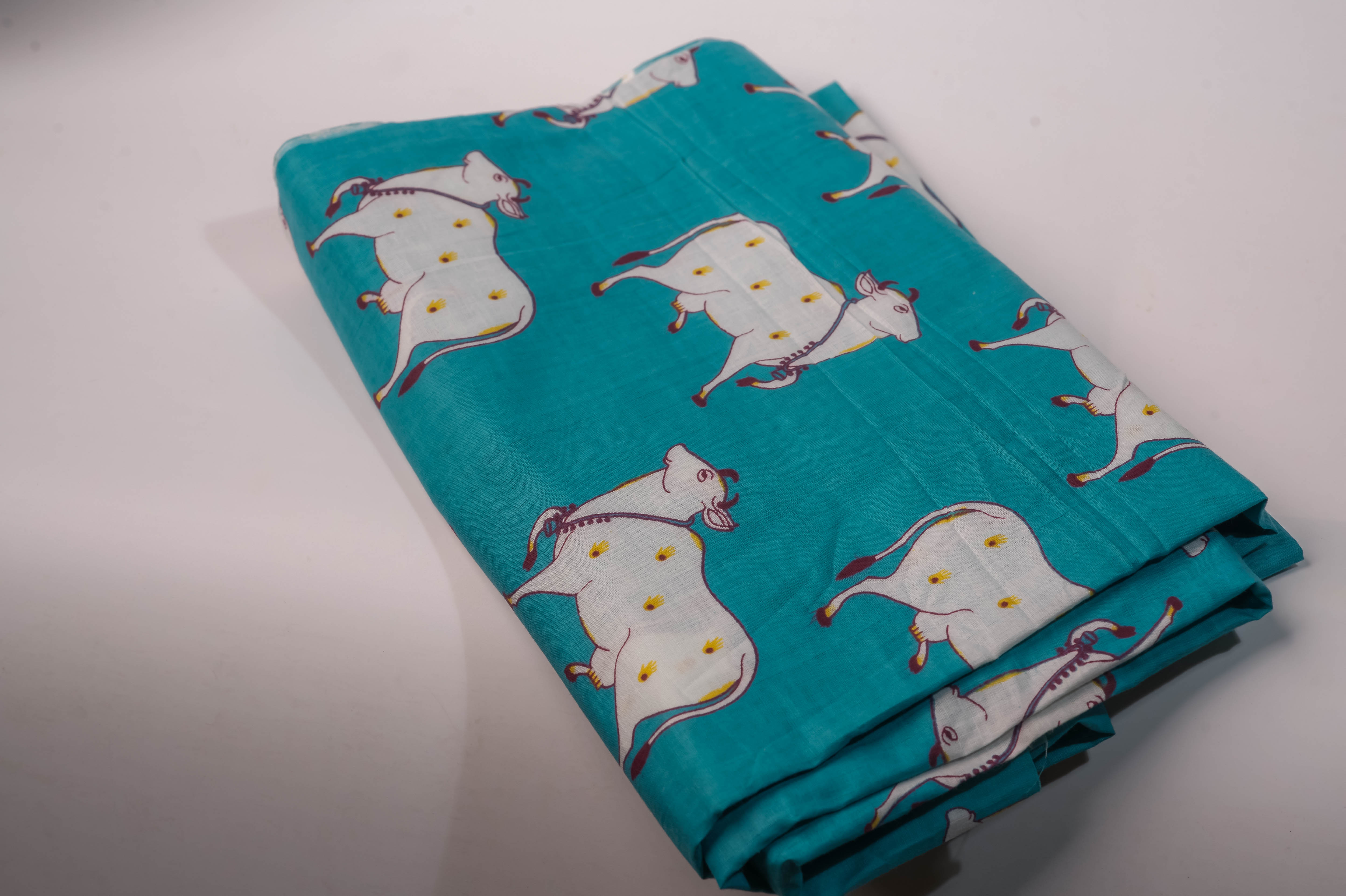Teal Cow Print Cotton Chadar 90x40, Devotional Shawl, Hare Krishna Wrap
