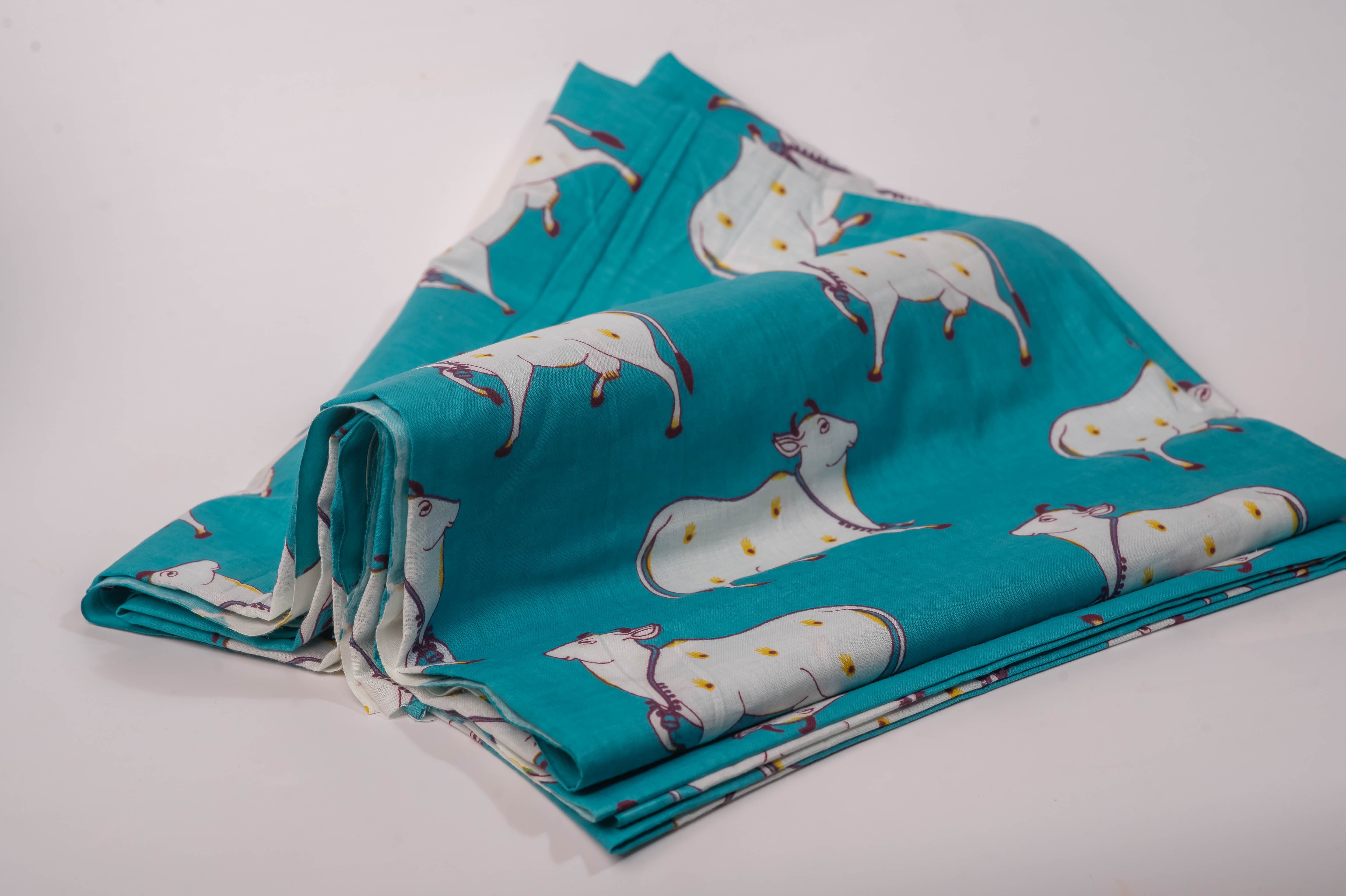 Teal Cow Print Cotton Chadar 90x40, Devotional Shawl, Hare Krishna Wrap