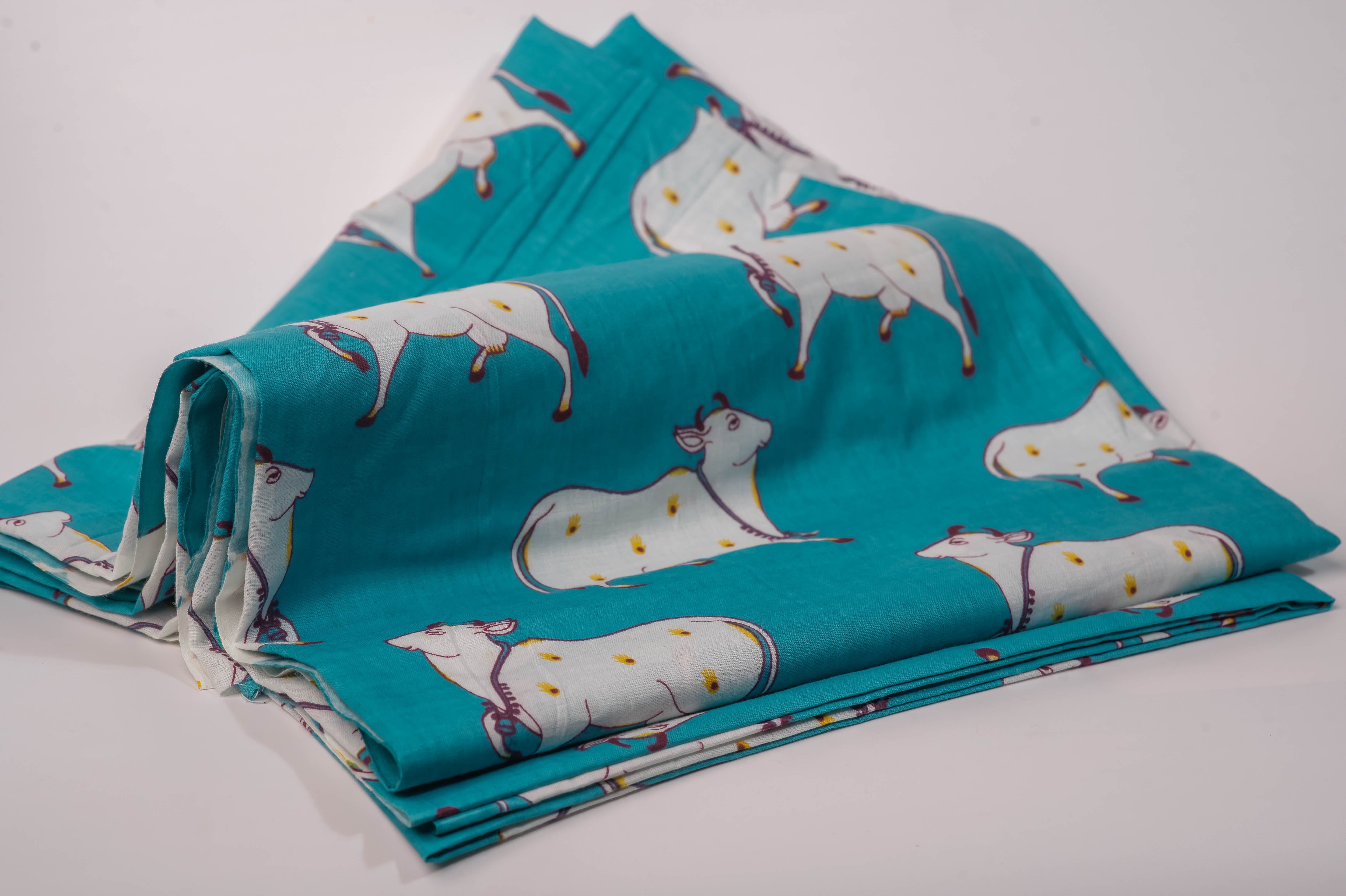 Teal Cow Print Cotton Chadar 90x40, Devotional Shawl, Hare Krishna Wrap