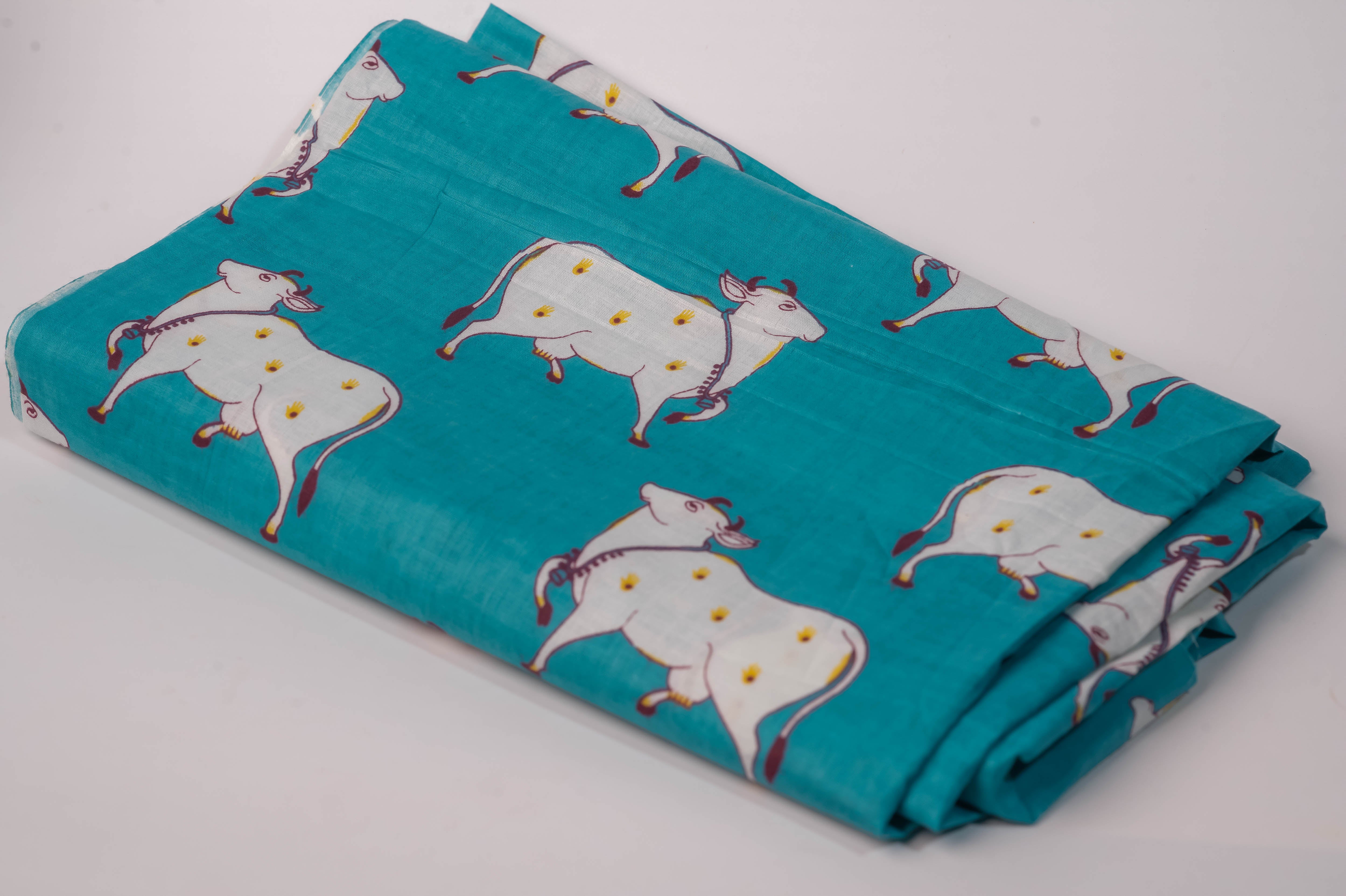 Teal Cow Print Cotton Chadar 90x40, Devotional Shawl, Hare Krishna Wrap