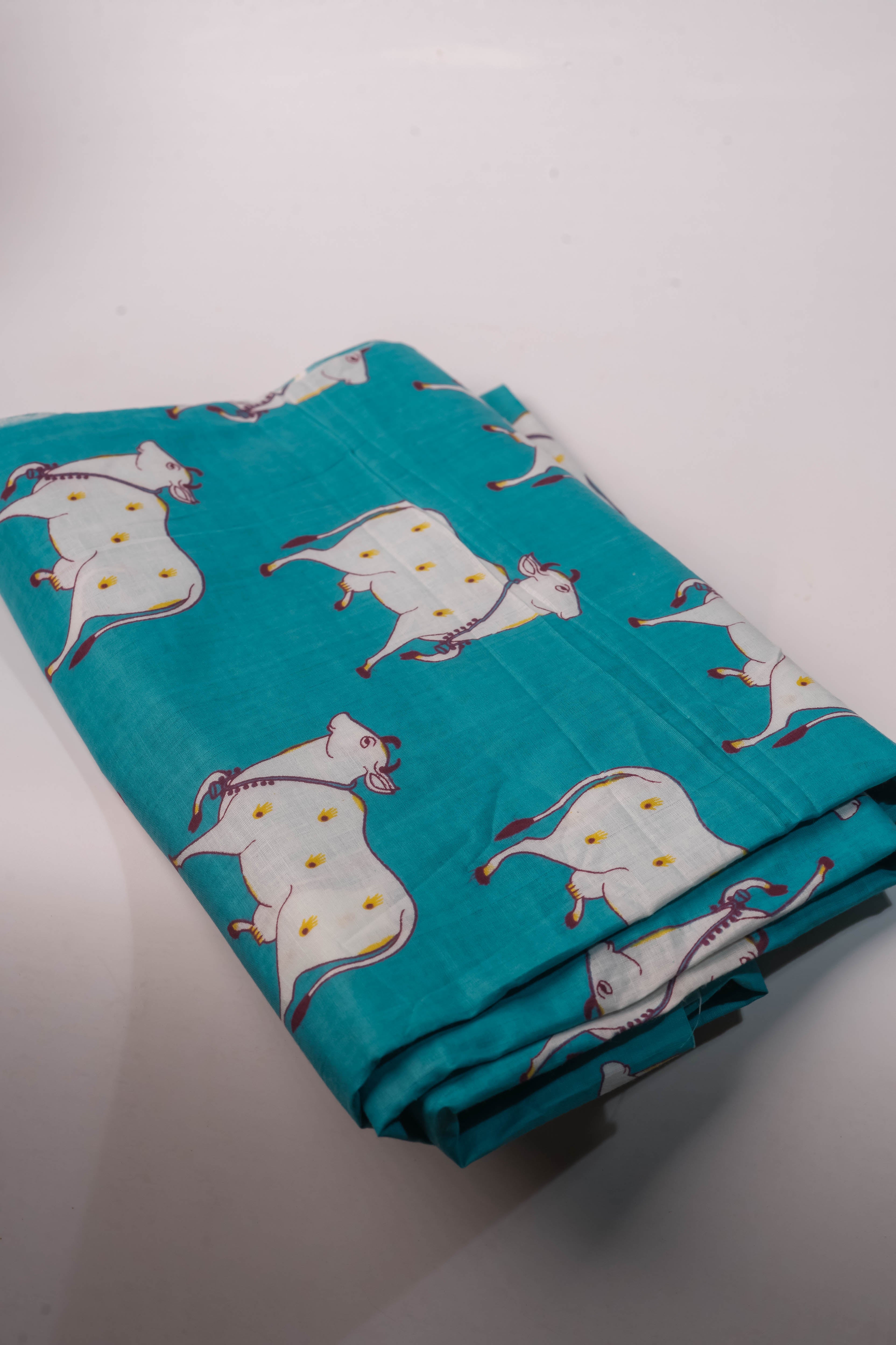 Teal Cow Print Cotton Chadar 90x40, Devotional Shawl, Hare Krishna Wrap
