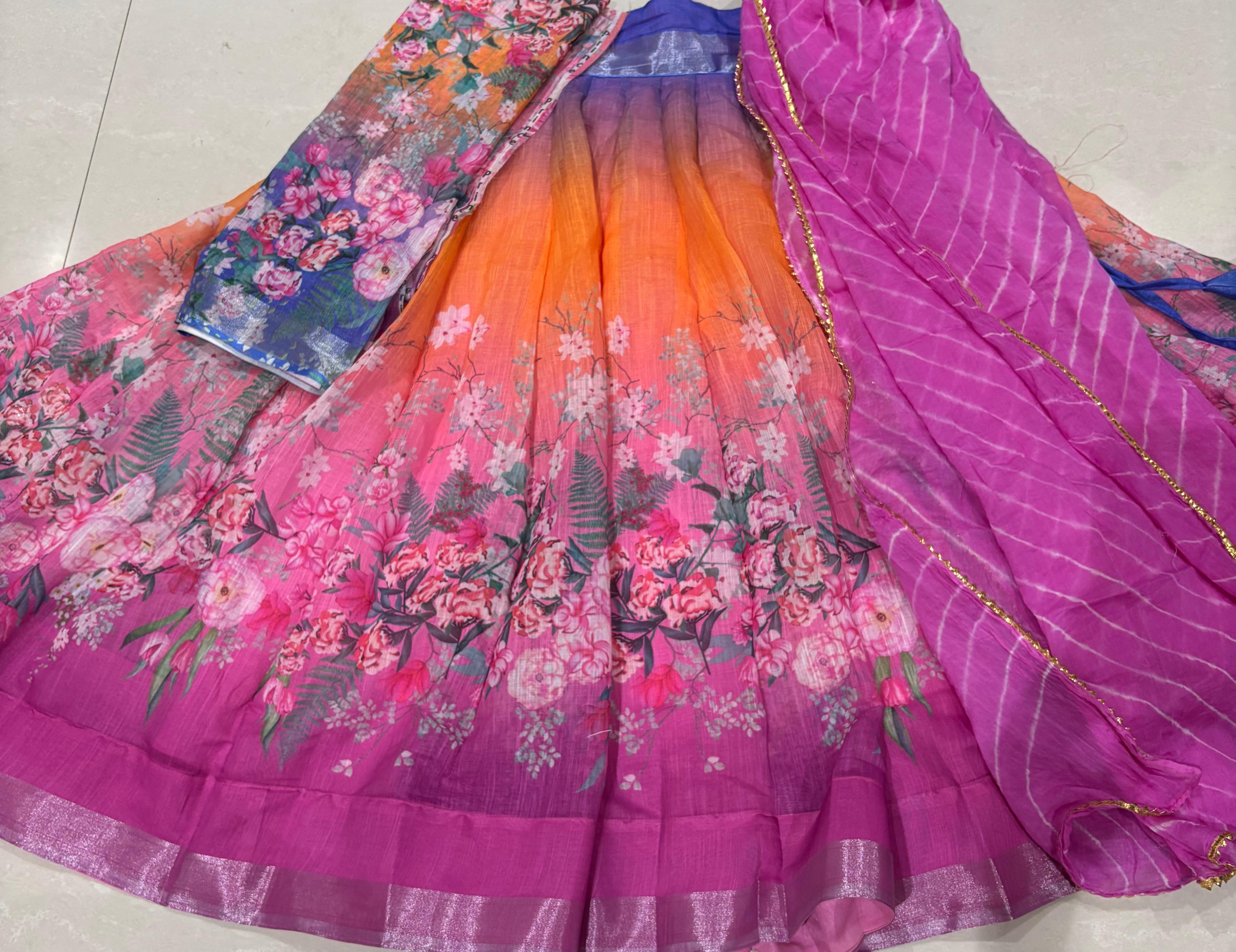 Multi Colour cotton linen fabric Gopidress Set