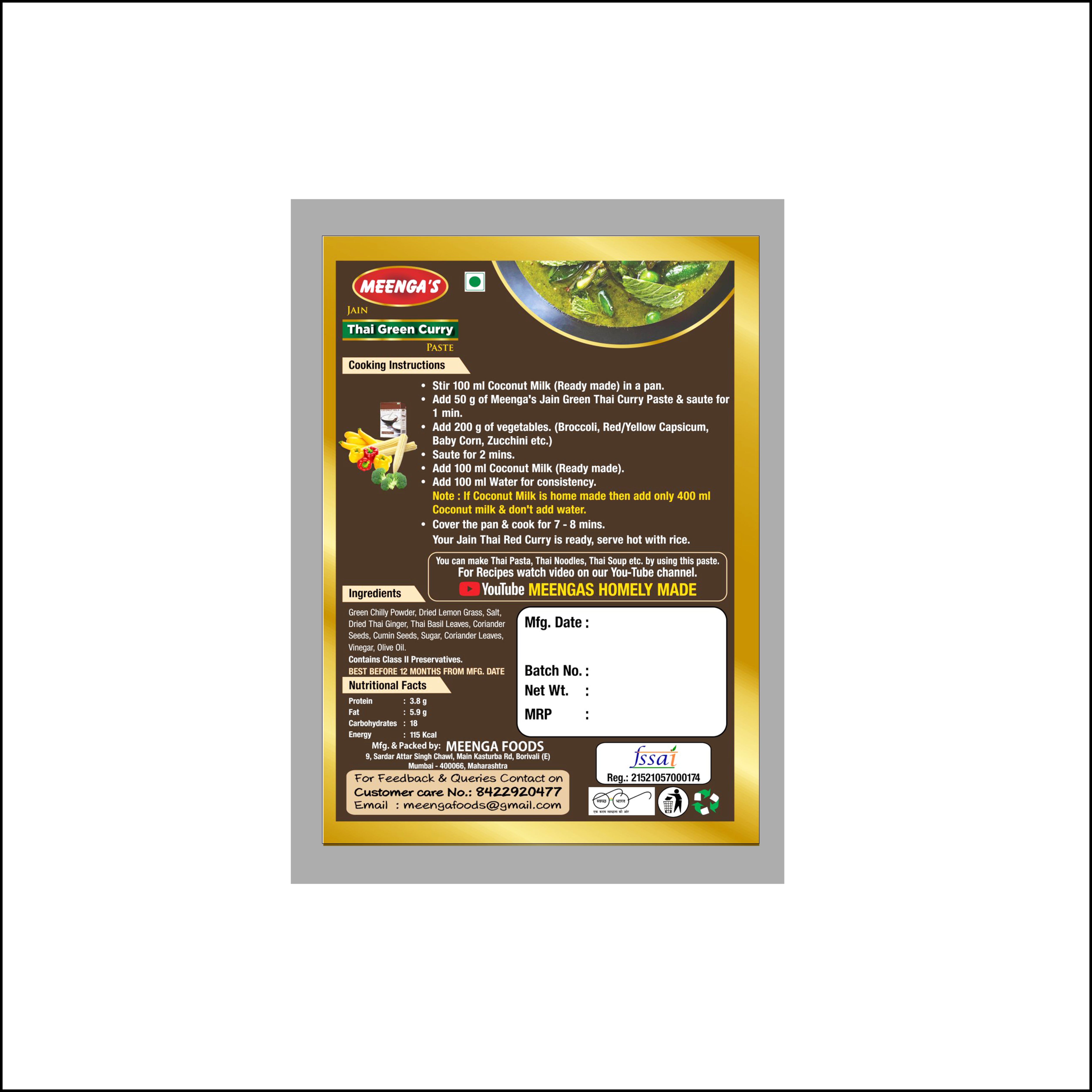 MEENGA’s Homely Made Jain Green Thai Curry Paste Combo – 75g Each | No Onion No Garlic | 100% Vegan & Jain-Friendly | Natural Ingredients | Authentic Thai Flavour | Ready-to-Cook Curry Base (PACK OF 2)