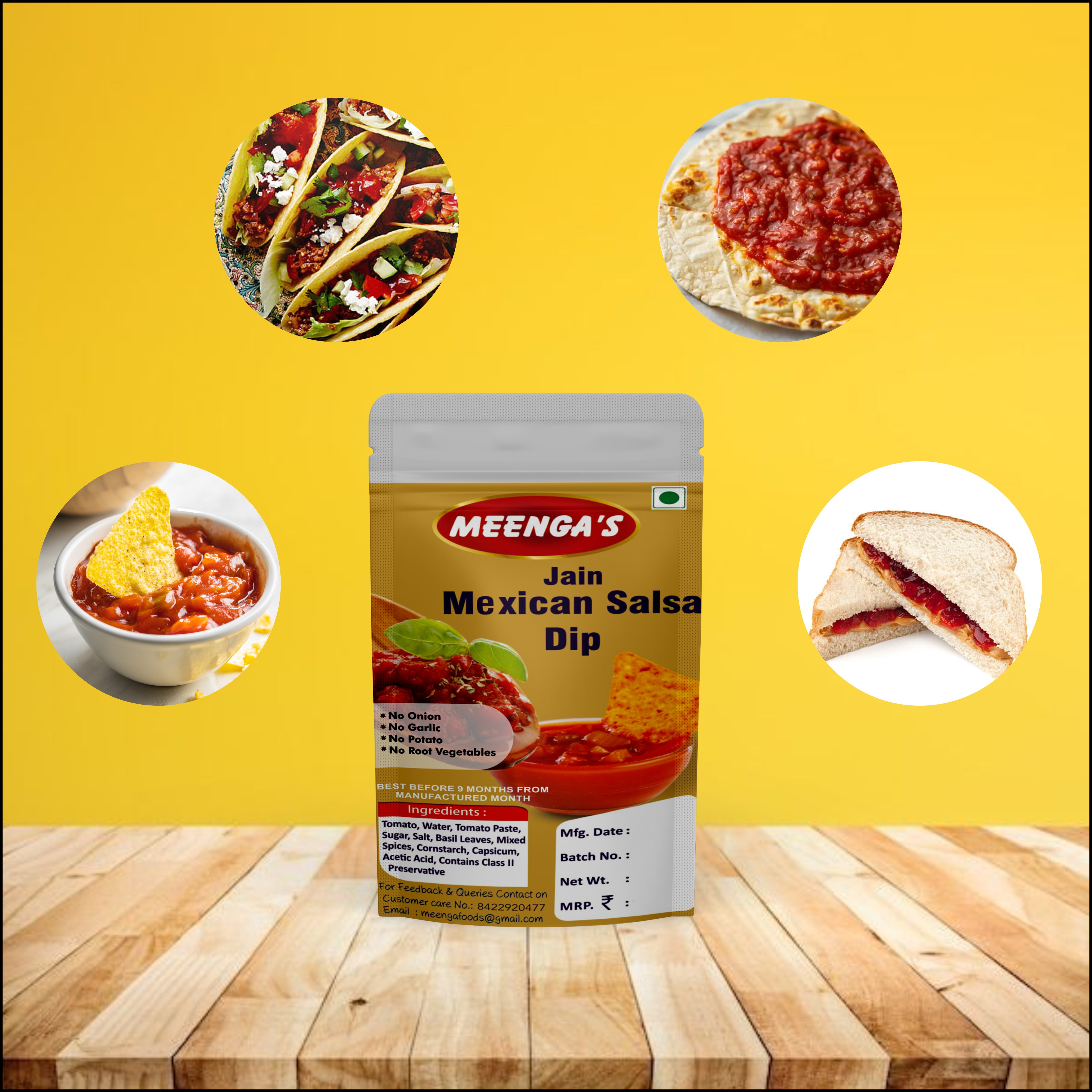 MEENGA’s Homely Made Jain Mexican Salsa Dip Combo – 225g Each | No Onion No Garlic | 100% Jain-Friendly | Natural Ingredients | Fresh & Tangy Ready-to-Eat Salsa(PACK OF 2)