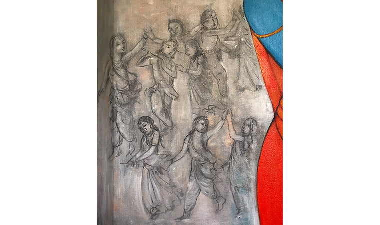 Krishna with Gopis - handmade Mural Painting- created with acrylic on canvas. 24W X 51H X 2.5D inches