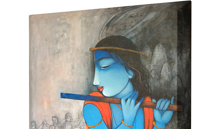Krishna with Gopis - handmade Mural Painting- created with acrylic on canvas. 24W X 51H X 2.5D inches