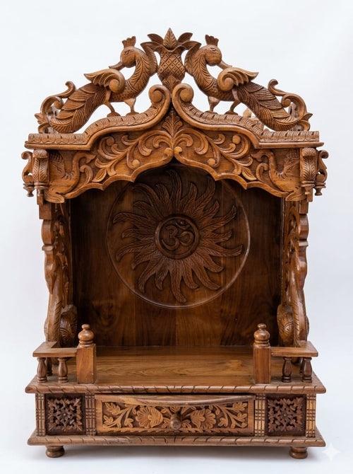 Royal Peacock Teakwood Carved Temple (Small Size)