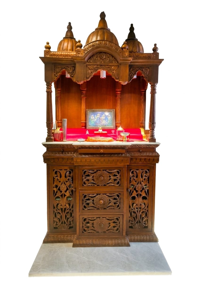 Exquisite Royal Teakwood Home Altar with Intricate Carvings and Marble Base