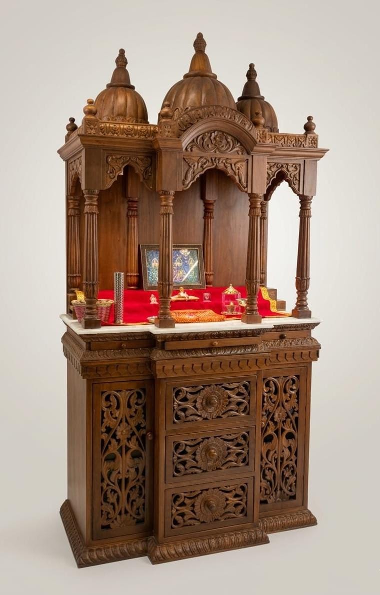 Exquisite Royal Teakwood Home Altar with Intricate Carvings and Marble Base