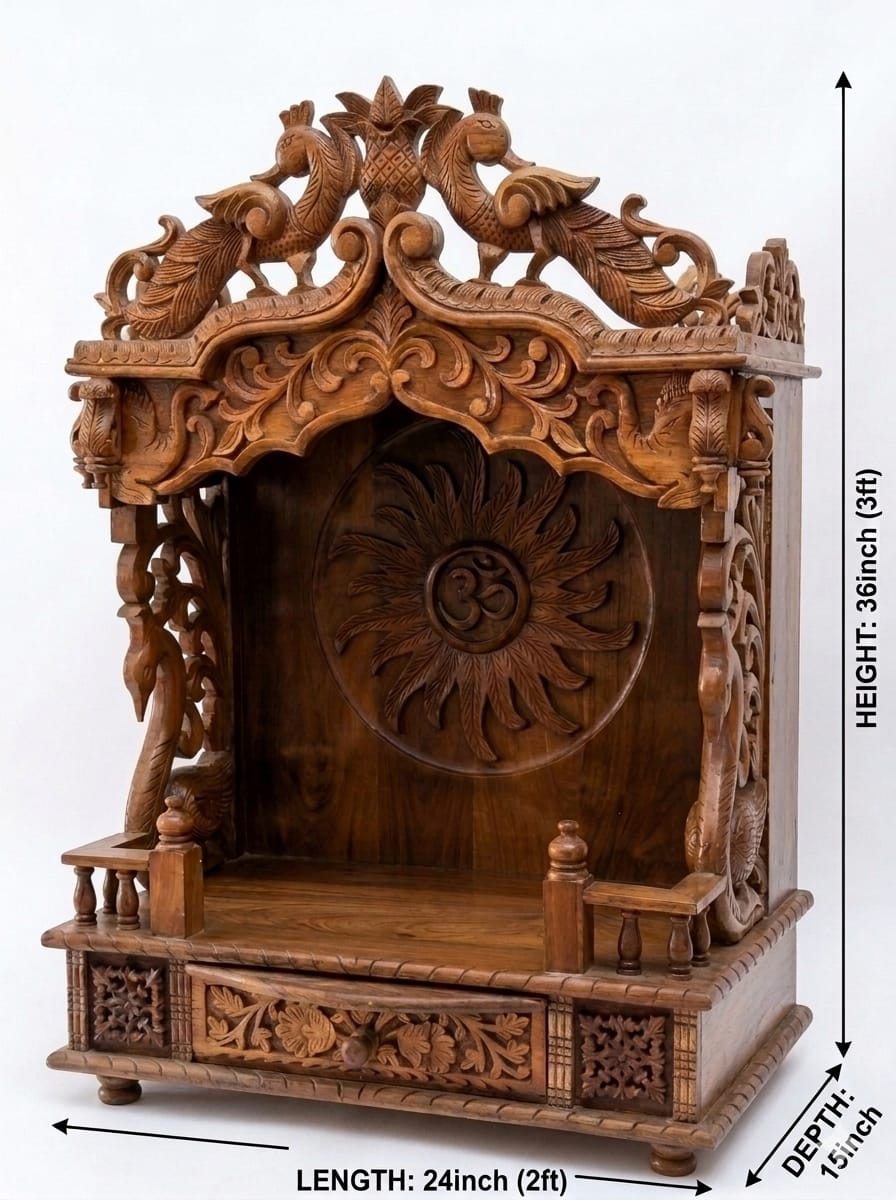 Royal Peacock Teakwood Carved Temple (Small Size)